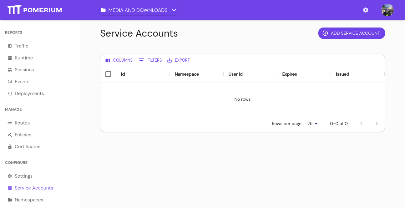 An empty Service Accounts page