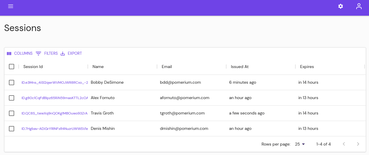 The Sessions page in Pomerium Enterprise